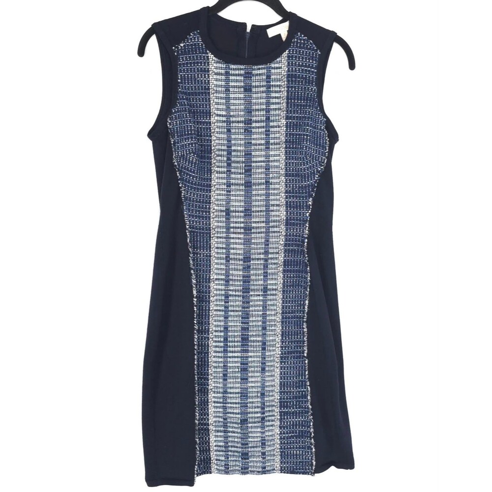 ETCETERA Women's Knee Dress 2 Tweed Sheath Blue White Sleeveless Fringe Zip